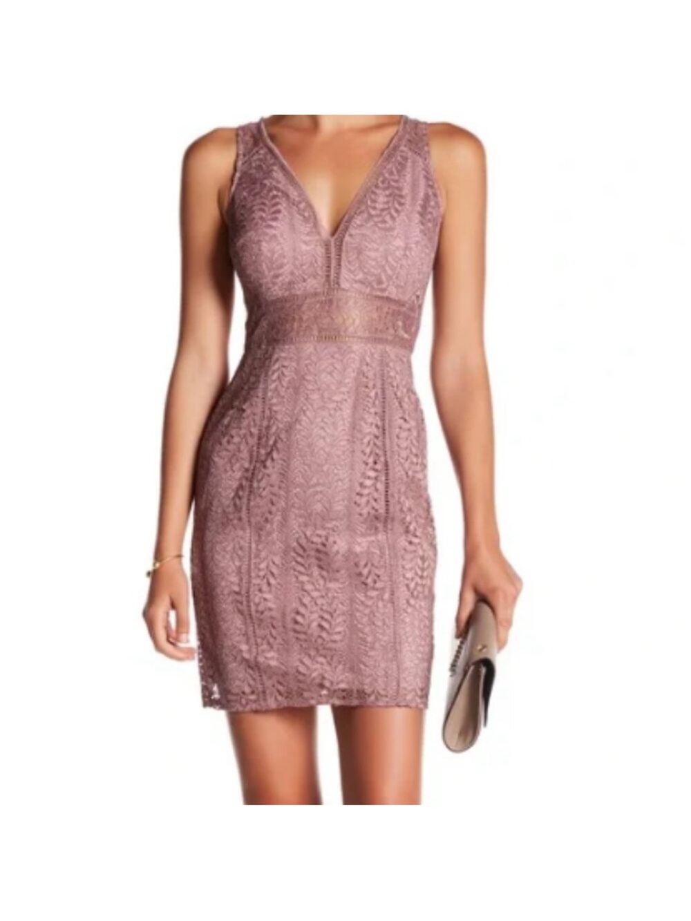 Minuet Petite Lace V-Neck Sheath Dress in Mauve